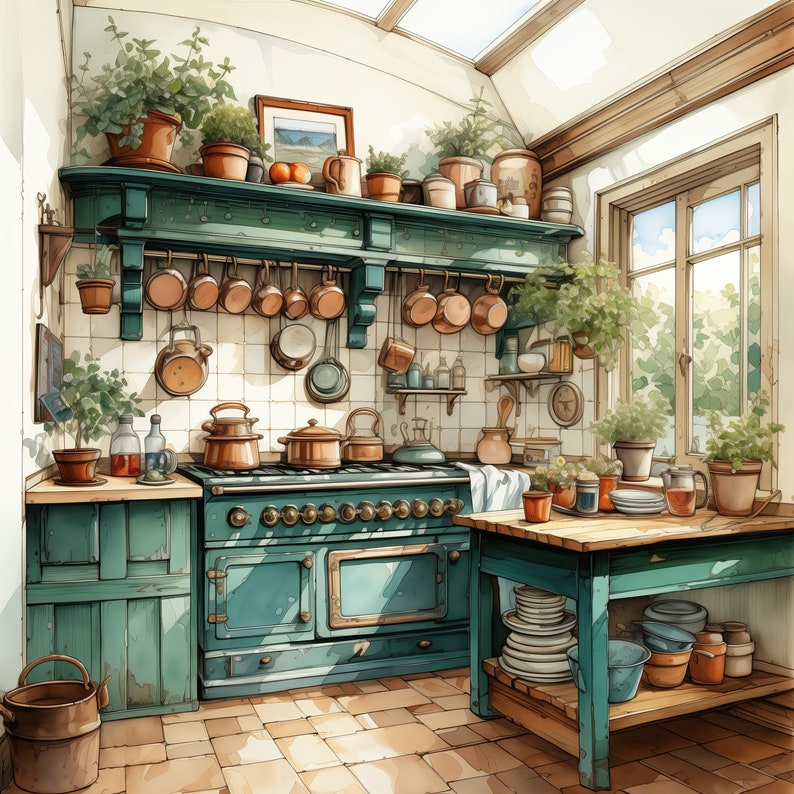 May include: A vintage kitchen with a green and blue stove, a wooden table with a white and blue patterned tablecloth, and a variety of plants and pots.
