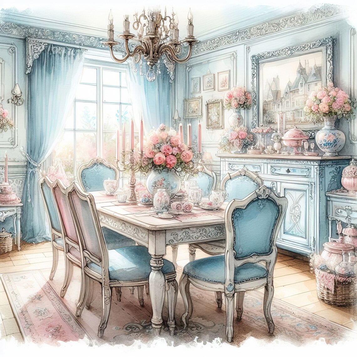 Watercolor Shabby Chic Dining Room Clipart French Dining Room Vintage ...