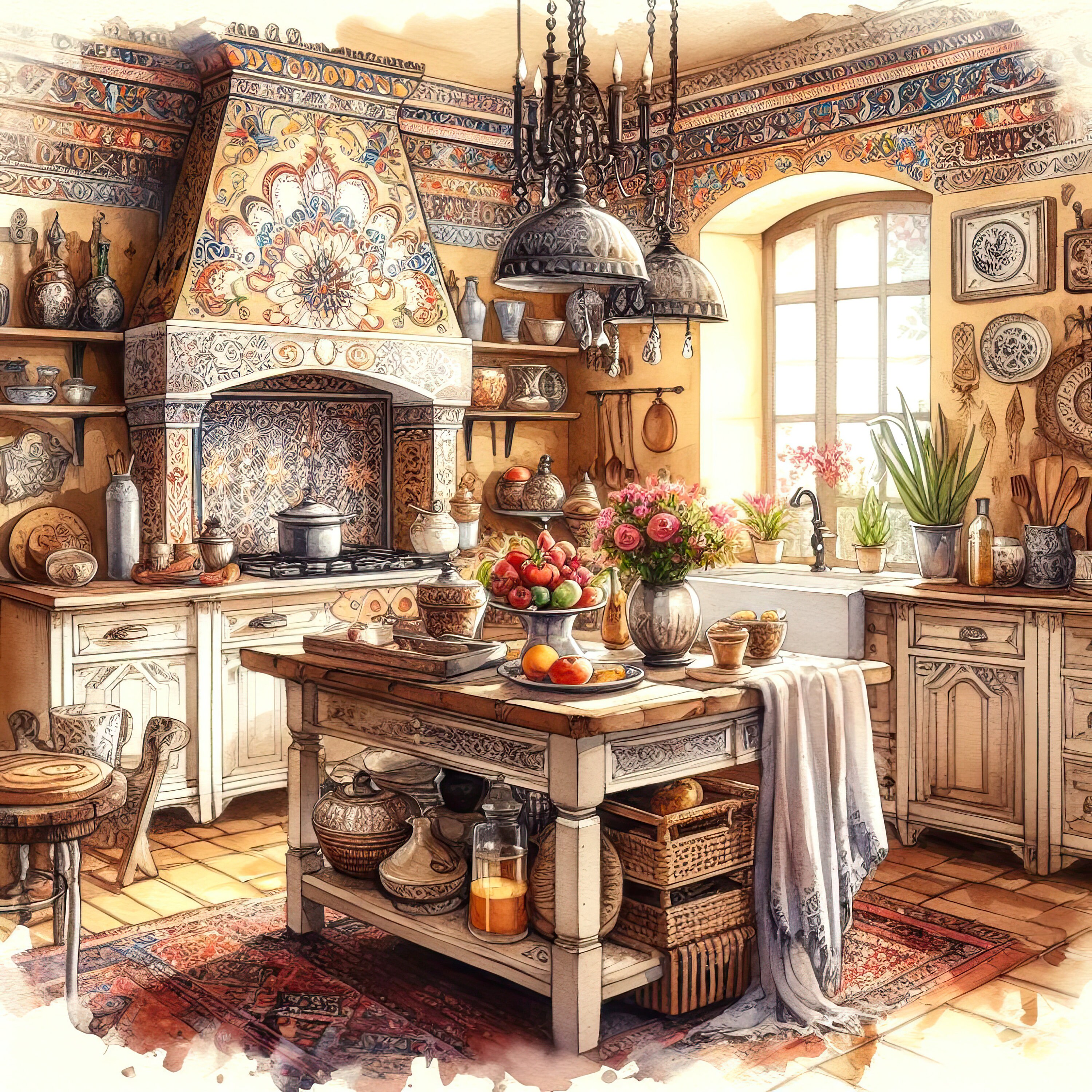 kitchen wall prints, boho kitchen prints, dining room... Watercolor Boho Kitchen Clipart Kitchen Vintage Clip Art Watercolor ...