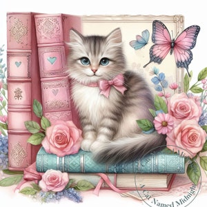 May include: A white and grey kitten with blue eyes sits on a stack of vintage books. The books are decorated with pink hearts and floral designs. A pink butterfly with black markings is in the background. The image is surrounded by pink roses and other flowers.