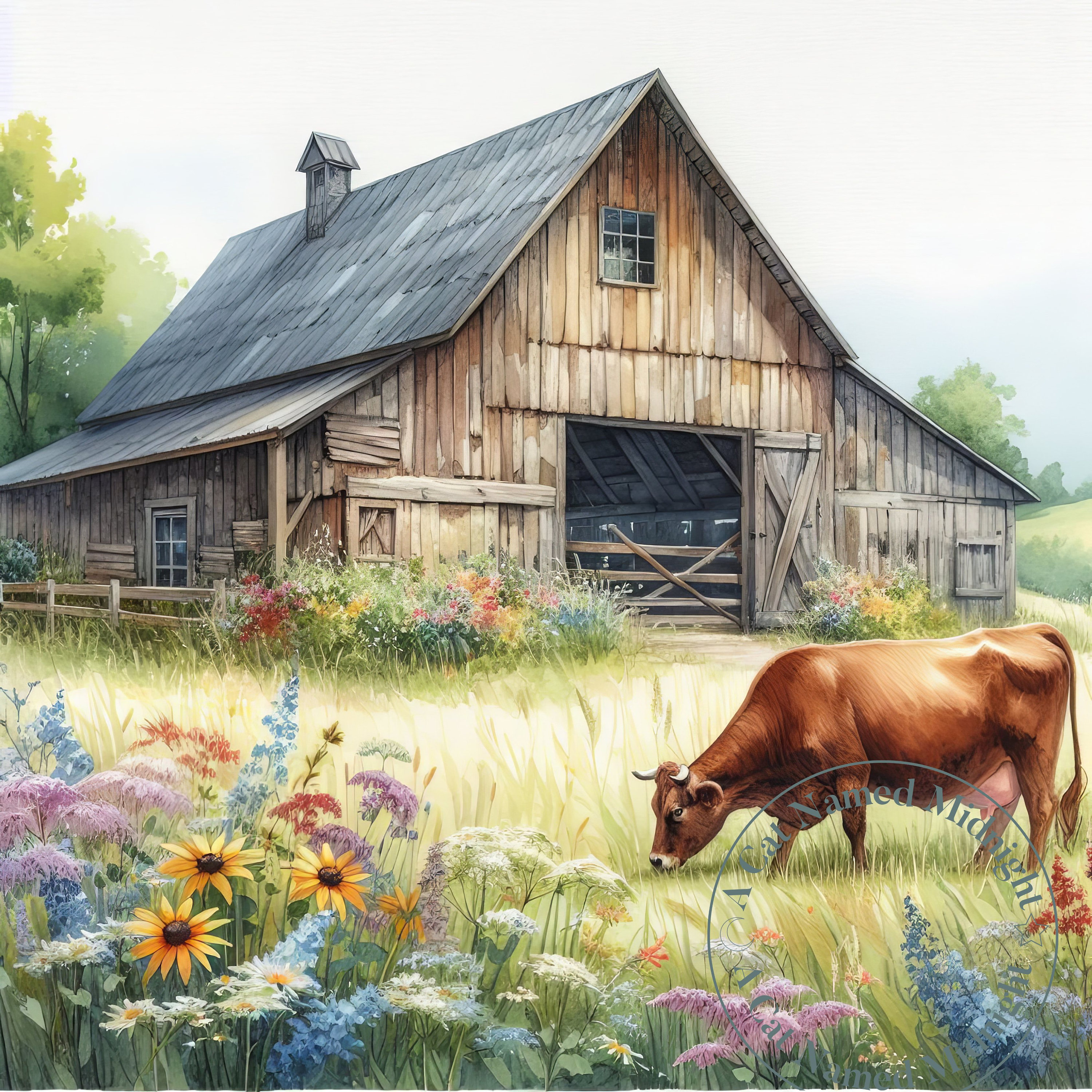 Rustic Cow Barn 10 Watercolor Old Barn and Cow Clipart Bundle Vintage Clip Art Rustic ...
