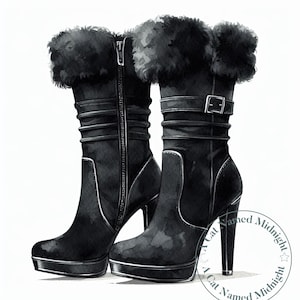 May include: A pair of black suede boots with fur trim around the top. The boots have a high heel and a zipper on the back. The boots are on a white background.