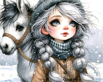 May include: A girl with long white braids wears a blue and white striped scarf and a brown jacket. She is standing next to a white horse with a brown bridle. The background is a snowy landscape. The image is titled "Midnight" with a star.