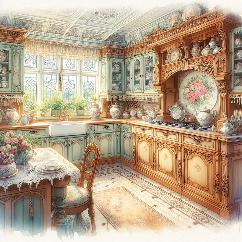 Watercolor Shabby Chic Victorian Kitchen Clipart Kitchen Vintage Clip ...