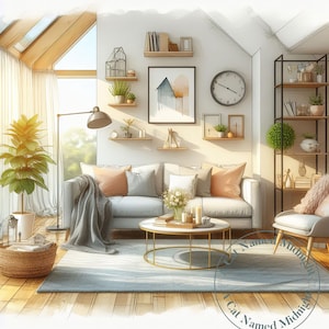 Op de afbeelding: Een lichtgrijze bank met een deken en kussens in een woonkamer met een groot raam, een salontafel, een plant en een plank met decoratieve items.
