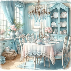 May include: A light blue dining room with a white lace tablecloth on a table set for a tea party. There are four chairs around the table, and a large crystal chandelier hangs from the ceiling. The room is decorated with floral arrangements and a large china cabinet.