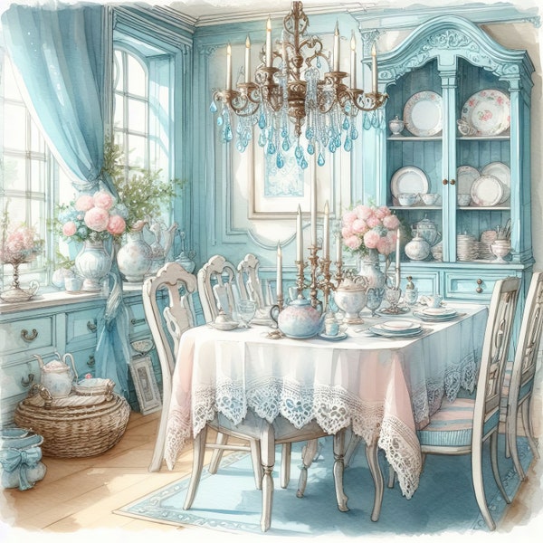 Watercolor Shabby Chic Dining Room Clipart French Dining Room Vintage Clip Art Watercolor Clipart Bundle Digital Download Printable Wall Art