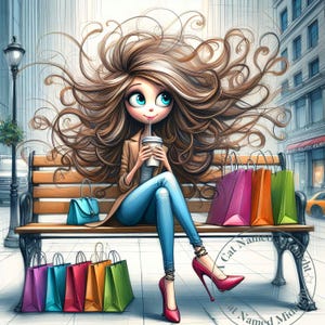 Quirky Girl Shopper Clipart 11 JPG Whimsical Watercolor Clip Art Woman Shopping Images Quirky Woman with Shopping Bags Digital Download