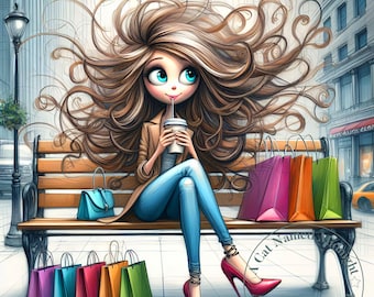 Quirky Girl Shopper Clipart 11 JPG Whimsical Watercolor Clip Art Woman Shopping Images Quirky Woman with Shopping Bags Digital Download