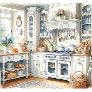 Watercolor Shabby Chic Kitchen Clipart French Kitchen Vintage Clip Art ...