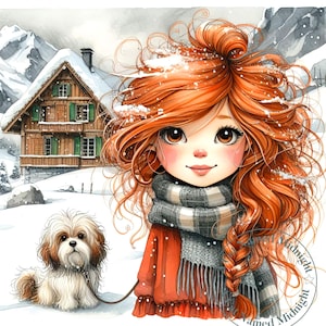 Cute Swiss Farm Girl and Her Dog Clipart 14 JPGs Watercolor Clipart Images Digital Download Printable Wall Art