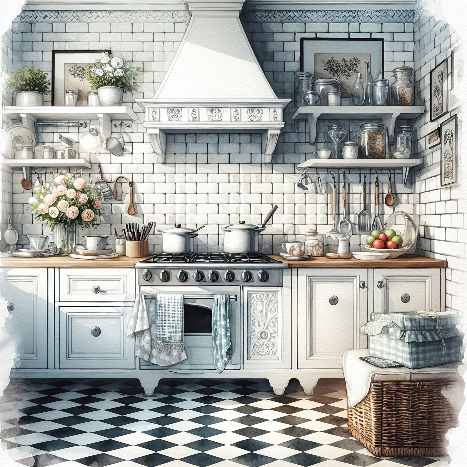 Watercolor Shabby Chic Kitchen Clipart French Kitchen Vintage Clip Art ...