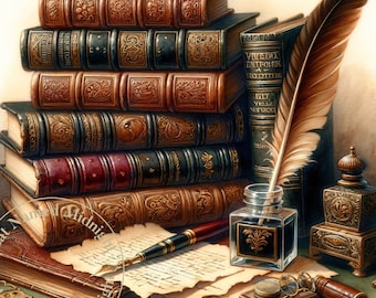 May include: A still life featuring a stack of antique leather-bound books, a quill pen, an inkwell, a magnifying glass, and a small decorative bottle. The books have intricate gold designs and the inkwell is filled with black ink.