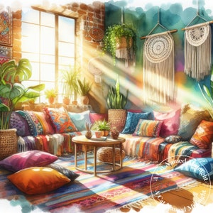 10 Boho Living Room Clipart Images Bohemian House Clip Art Watercolor Clipart Bundle Digital Download Printable Wall Art Junk Journal