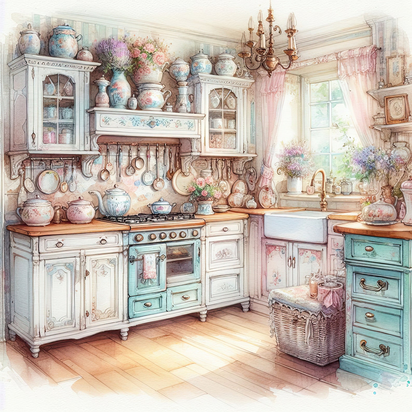 Watercolor Shabby Chic Sunny Kitchen Clipart Kitchen Vintage Clip Art ...