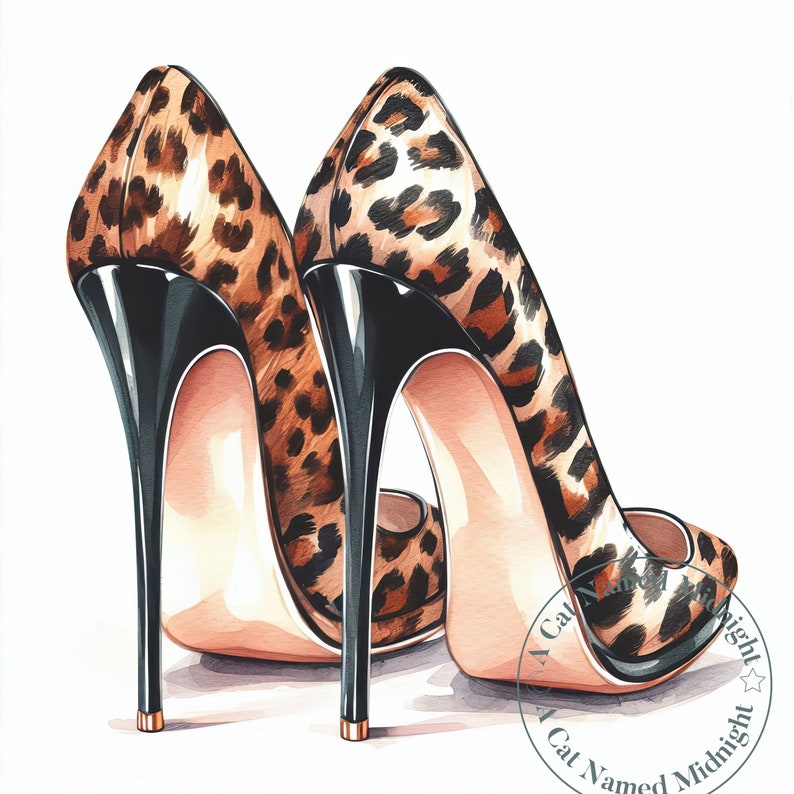 May include: A pair of high-heeled shoes with a leopard print design. The shoes have black heels and a brown and black leopard print pattern.