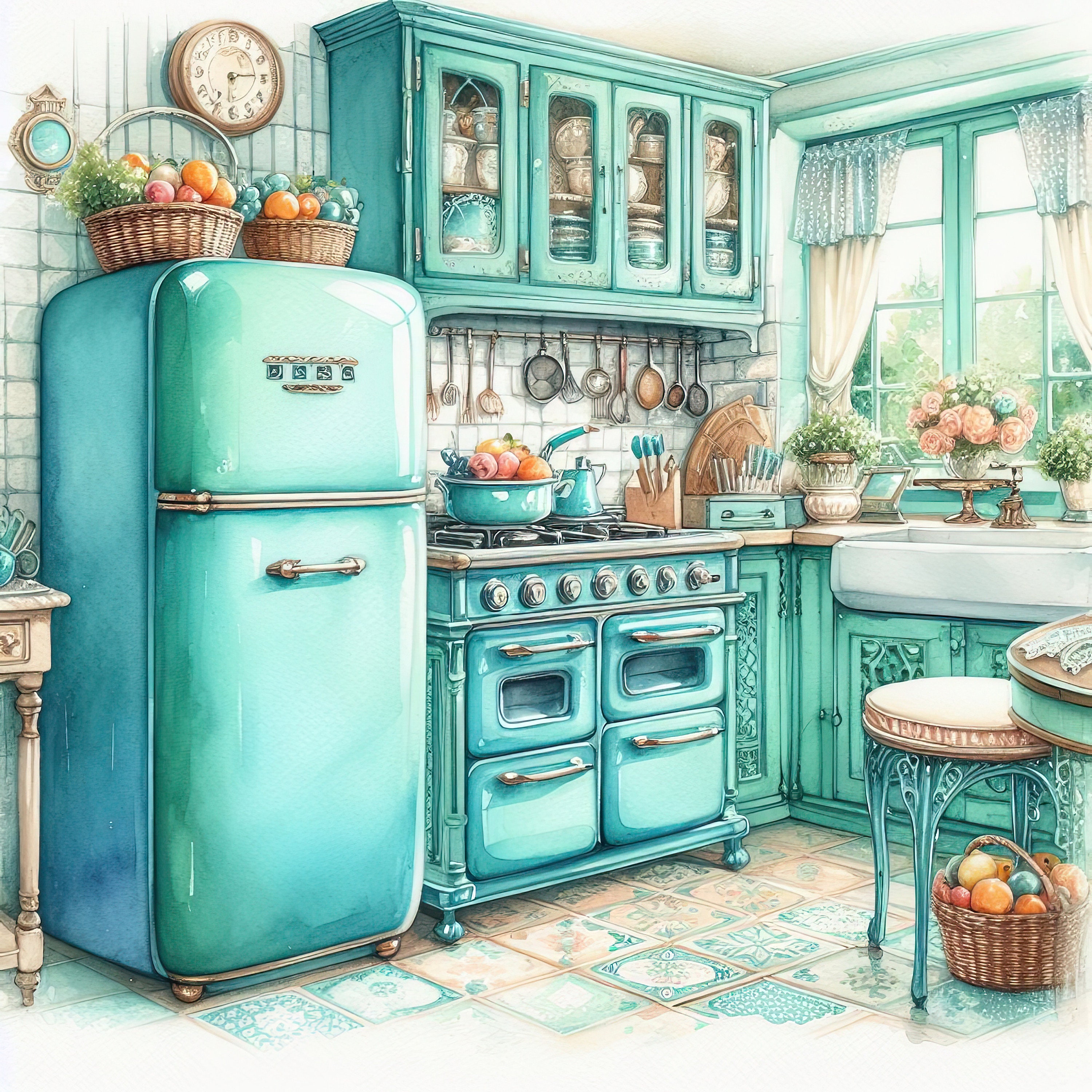 Watercolor Shabby Chic Kitchen Clipart Turquoise Kitchen Vintage Clip ...