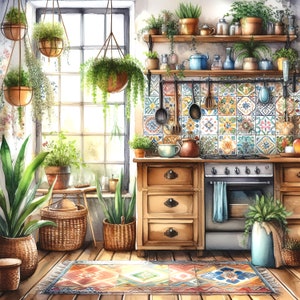 May include: A watercolour painting of a kitchen with a rustic, bohemian style. The kitchen features a wooden cabinet with drawers, a stove, and a tiled backsplash. There are many plants and hanging baskets throughout the kitchen, including ferns, succulents, and other greenery. The kitchen also features a variety of kitchen utensils, including spoons, spatulas, and ladles.