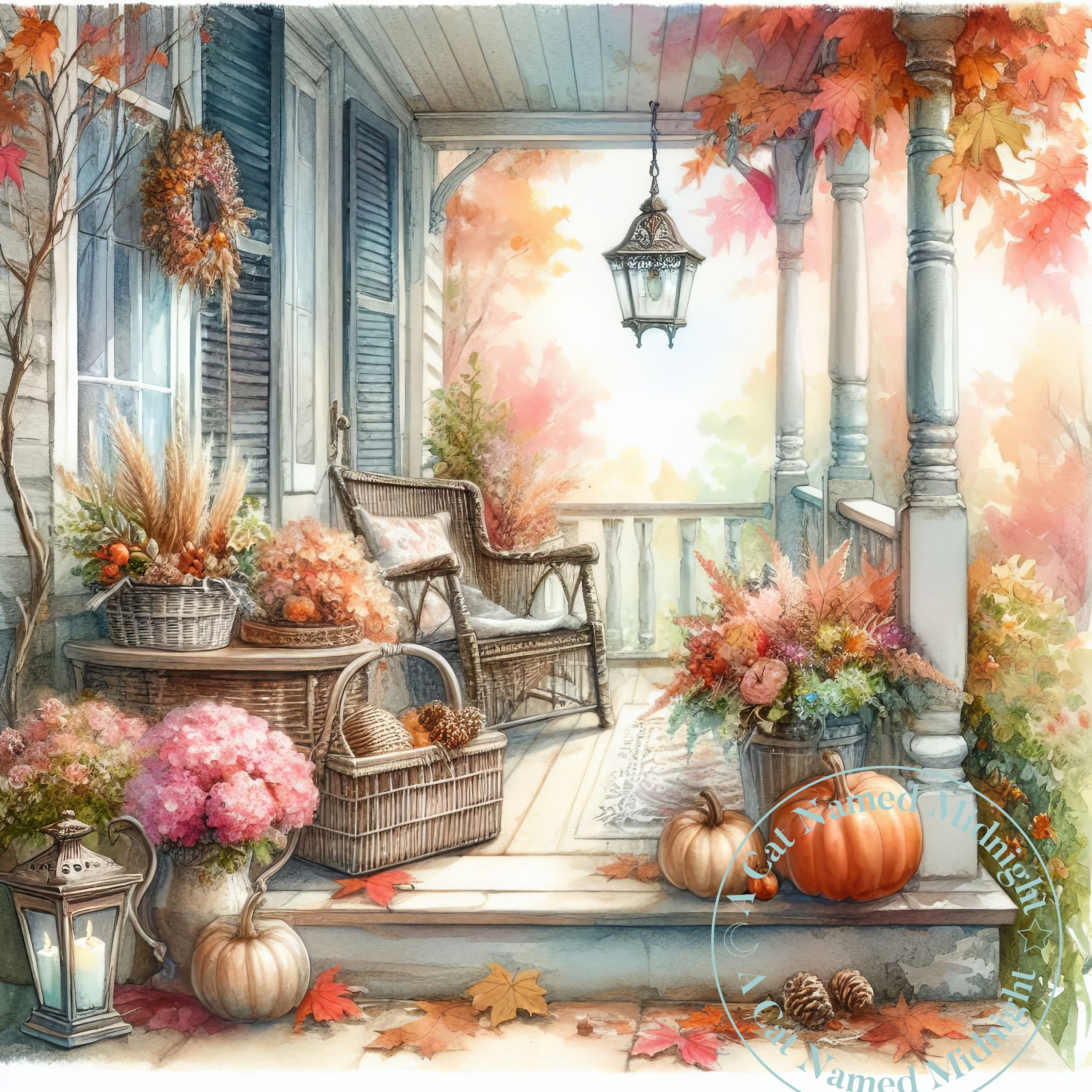 10 Autumn Shabby Chic Porch Clipart Vintage Fall Clip Art Watercolor ...