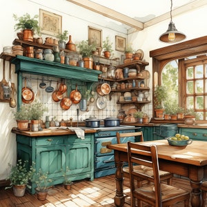 May include: A vintage kitchen with a green cabinet, a wood table, and a wood-burning stove. The kitchen is decorated with plants and antique cookware.