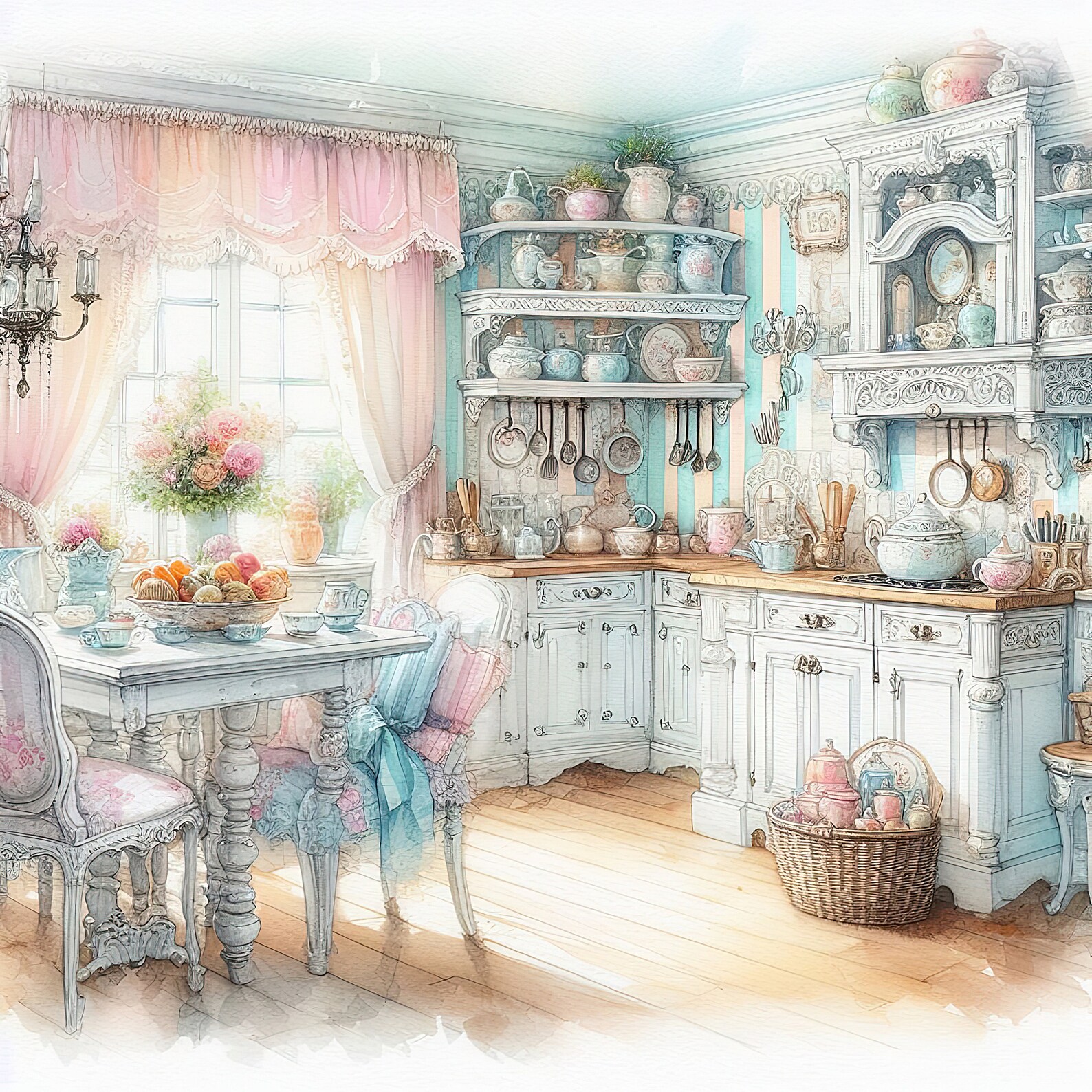 Watercolor Shabby Chic Sunny Kitchen Clipart Kitchen Vintage Clip Art ...