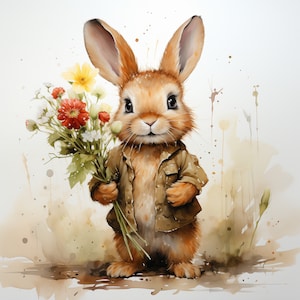 Watercolor Bunny Holding Flowers Clipart Watercolor Rabbit in Clothes Clip Art Watercolor Clipart Bundle Boy Bunny Digital Download Images