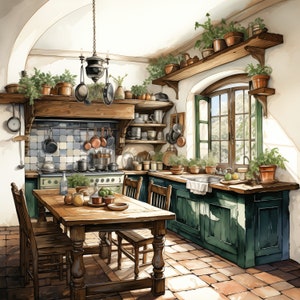 May include: A rustic kitchen with green cabinets, a wooden table and chairs, and a window overlooking a garden. There are pots of plants hanging from the ceiling and shelves filled with kitchenware.