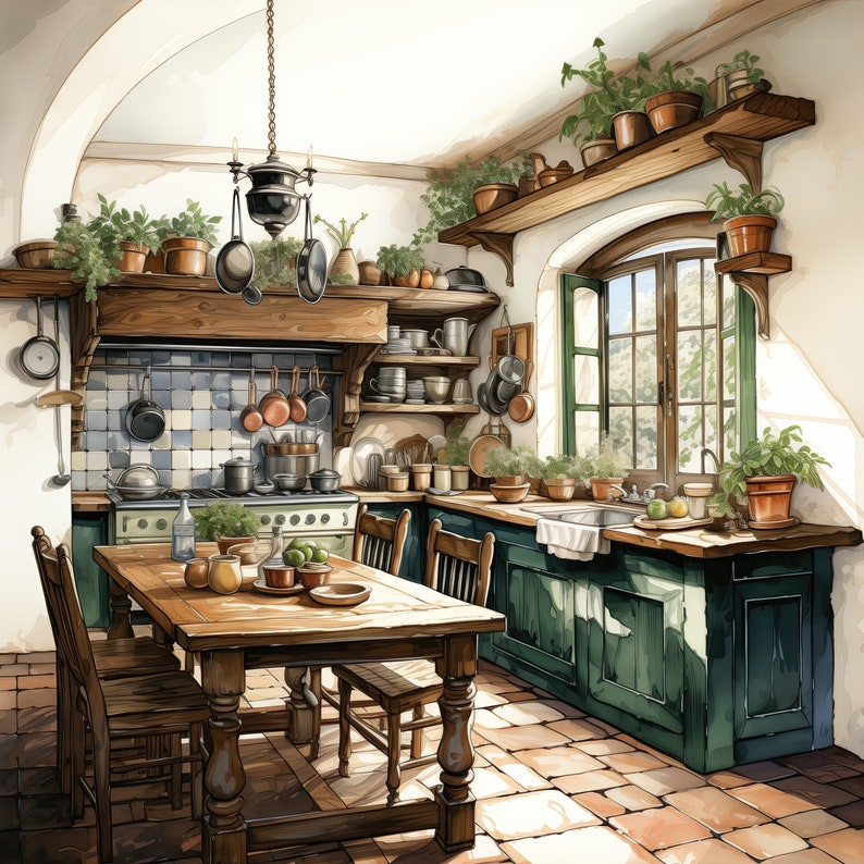 May include: A rustic kitchen with green cabinets, a wooden table and chairs, and a window overlooking a garden. There are pots of plants hanging from the ceiling and shelves filled with kitchenware.