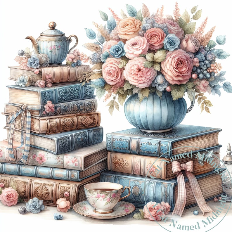 10 Shabby Chic Books Clipart Watercolor Book Lover Clip Art Watercolor ...