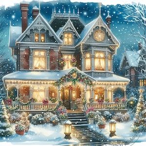 Scene di casa di Natale vittoriana Clipart 10 Clip Art di casa di Natale Pacchetto di clipart di Natale ad acquerello Download digitale Invito alla carta stampabile