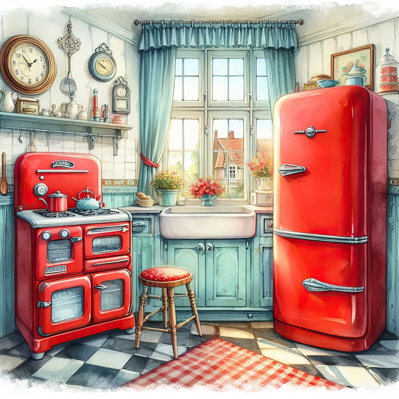 Watercolor Retro Red Kitchen Clipart Vintage Kitchen Clip Art Watercolor Clipart Bundle Digital