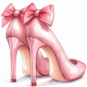 May include: A pair of pink high-heeled shoes with a large pink bow on the front.