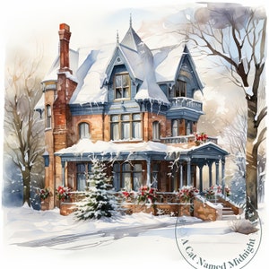 9 scènes de maison d'hiver victorien Clipart maison enneigée Clip Art aquarelle Noël Clipart Bundle Kit de carte de Noël imprimable en téléchargement numérique