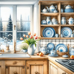 May include: A kitchen with a window overlooking a snowy woodland. A wooden cabinet with shelves filled with blue and white patterned ceramic dishes and teacups. A bouquet of tulips in a white vase sits on the counter next to a sink.
