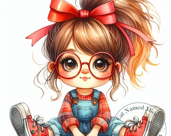 Quirky Girl Wearing Glasses Clipart 13 JPG Whimsical Watercolor Clip Art Images Nursery Art Digital Download Printable Wall Art