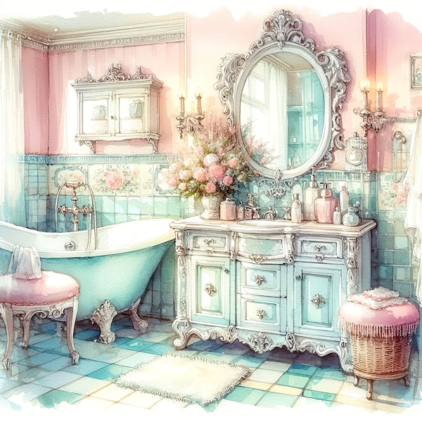 Watercolor Shabby Chic Bathroom Clipart French Bathroom Vintage Clip Art Watercolor Clipart Bundle Digital Download Printable Wall Art