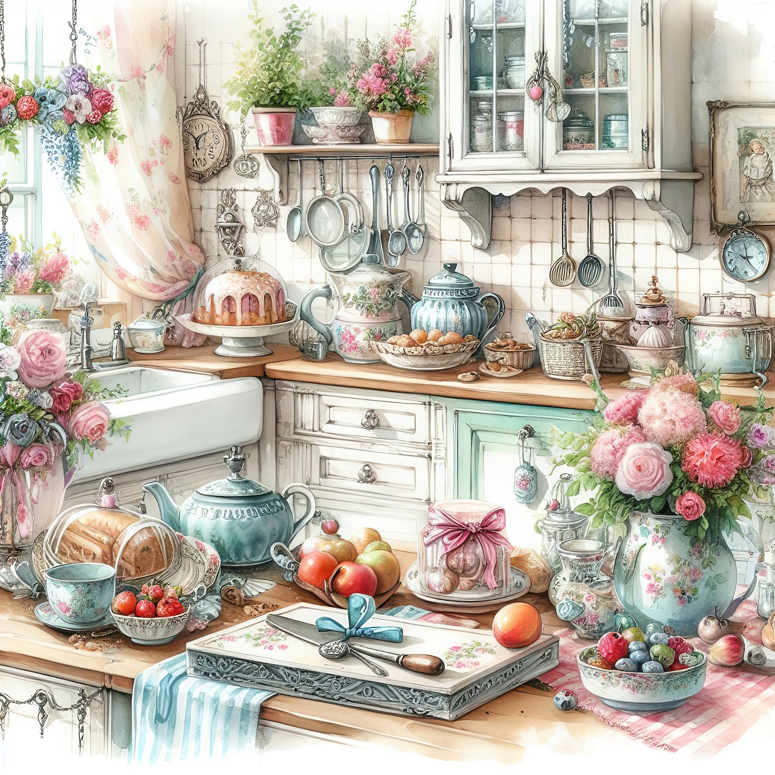 Watercolor Shabby Chic Kitchen Clipart Kitchen Counters Vintage Clip ...