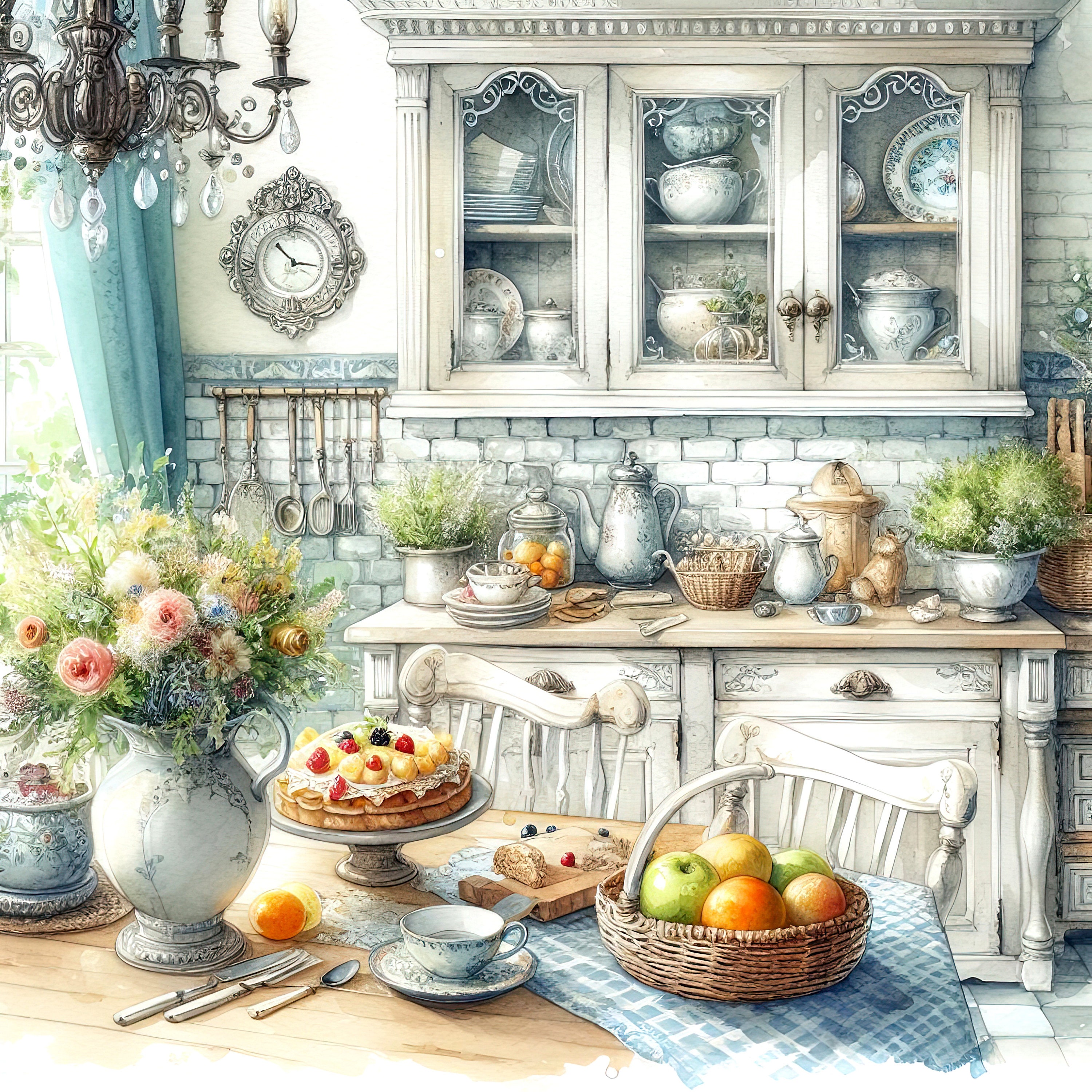 Watercolor Shabby Chic Kitchen Clipart Kitchen Counters Vintage Clip ...