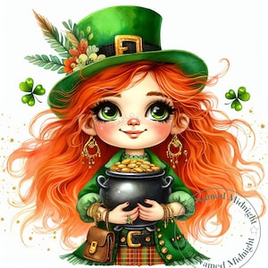 May include: A digital illustration of a cartoon leprechaun girl with red hair, green eyes, and a green hat. She holds a black pot filled with gold coins. She wears a green coat, plaid skirt, and gold jewelry. The image has a white background with shamrocks.