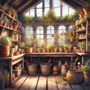 May include: A wooden potting shed with a large window, shelves filled with potted plants, and a workbench with gardening tools and buckets.