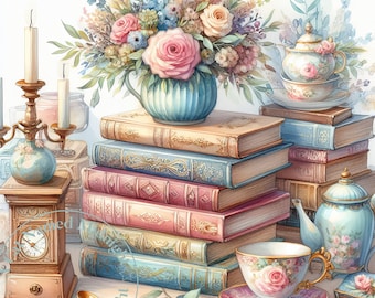 10 Shabby Chic Libri Clipart Acquerello Libro Amante Clip Art Acquerello Clipart Bundle Libri Antichi Vintage Immagini Digitali da Scaricare