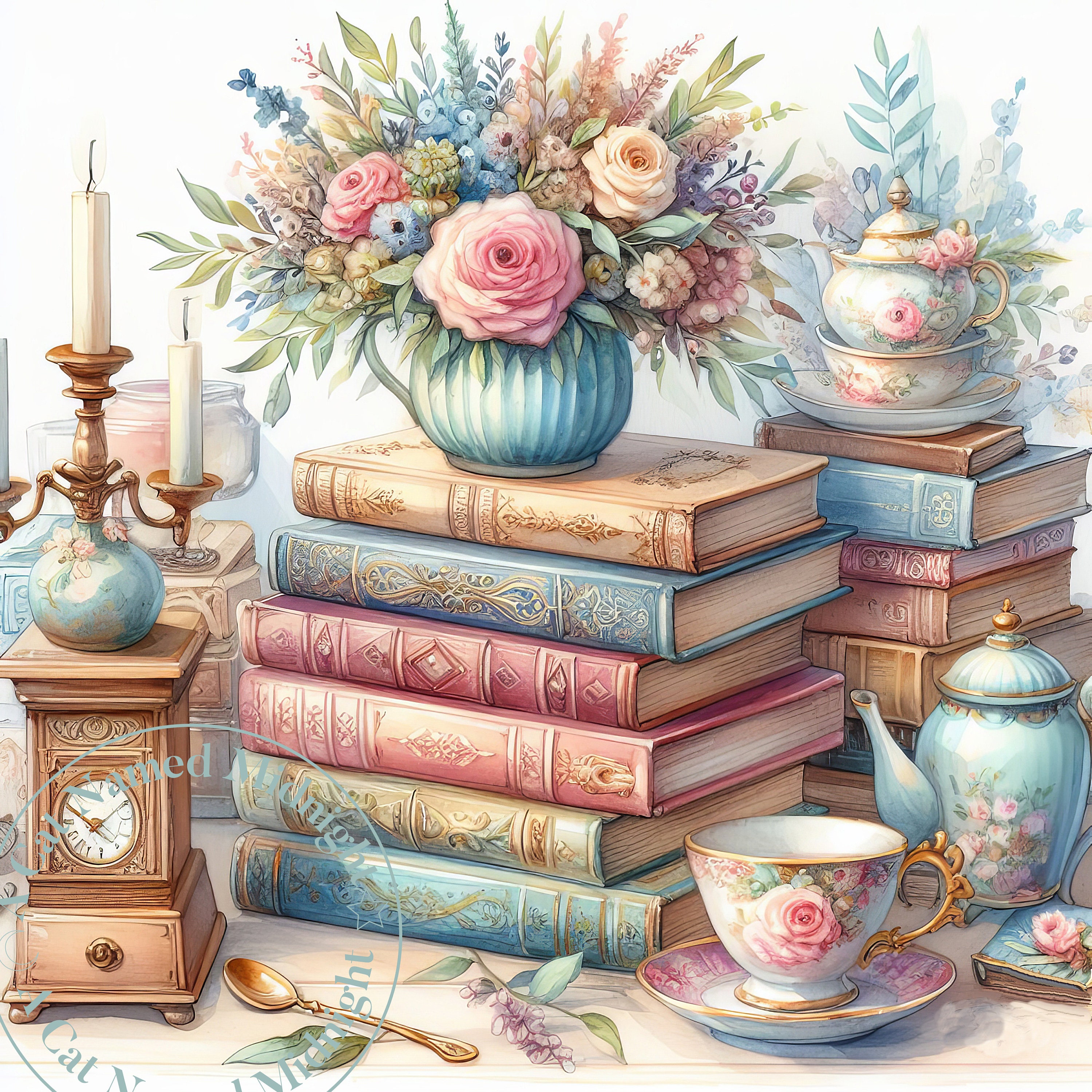 10 Shabby Chic Books Clipart Watercolor Book Lover Clip Art Watercolor ...