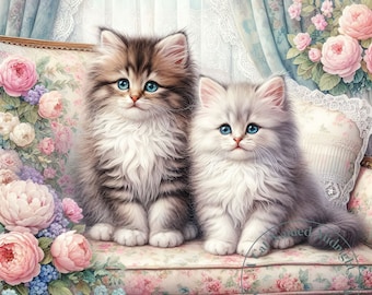 ペルシャ猫と花のポートレート JPG クリップアートバンドル - デジタル