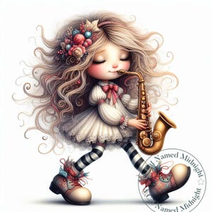 May include: Illustration of a doll-like figure with long, flowing blonde hair adorned with flowers, playing a golden saxophone. The figure wears a white dress, striped stockings, and patterned boots. The image has a whimsical, fairytale aesthetic.