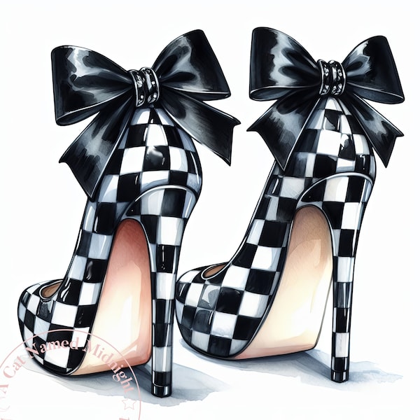 10 Black and White Checkered High Heels Clipart Bundle Watercolor High Heels Clip Art Womens Shoe Images Wedding Bridal Prom Downloadable