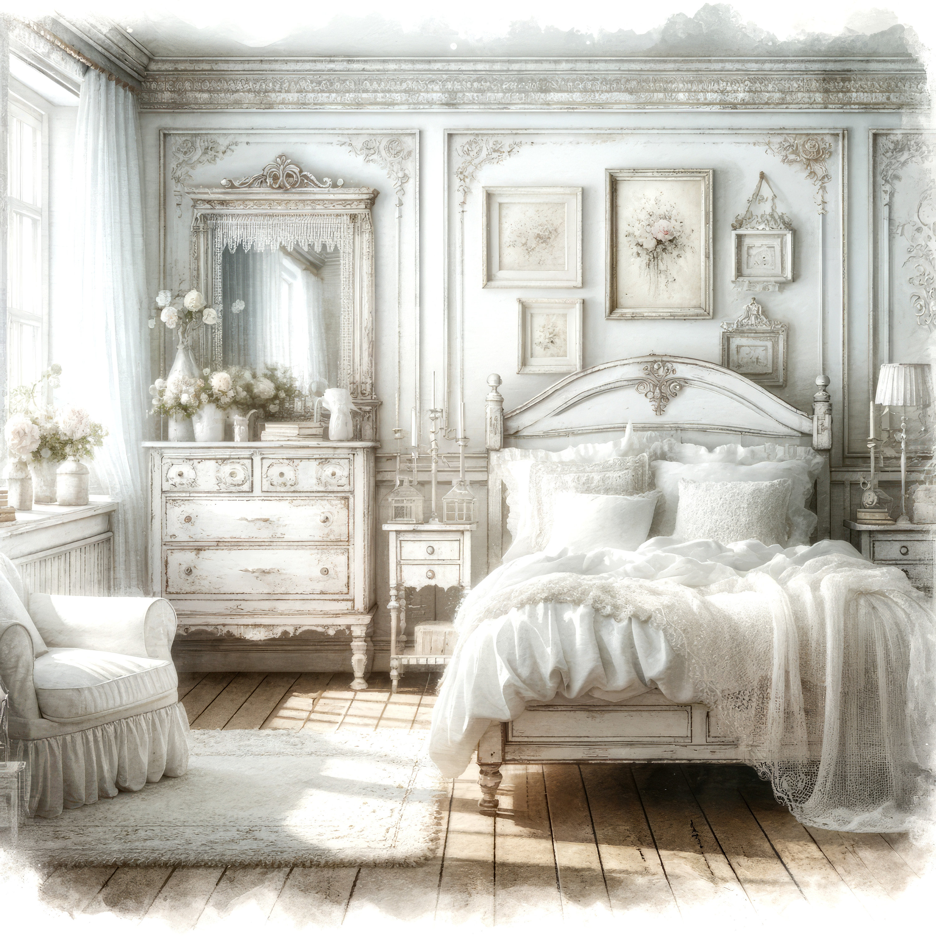 Watercolor Shabby Chic Bedroom Clipart Vintage Clip Art Watercolor ...