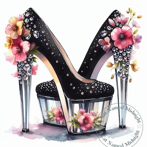 May include: A pair of black high-heeled shoes adorned with sparkling rhinestones and floral accents. The heels have clear platforms with floral designs inside. The shoes are decorated with pink, peach, and yellow flowers.