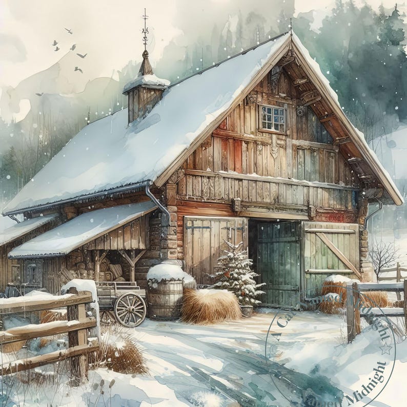Old Rustic Barn in Winter Clipart 11 JPG Bundle Vintage Clip Art Barn ...
