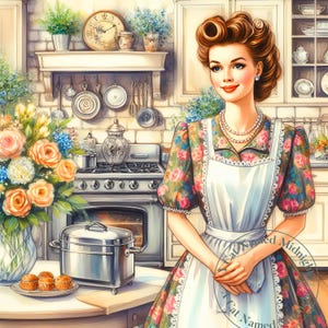 Jaren 1940 vrouw in haar keuken clipart 16 JPGs aquarel vintage clip art retro keuken huisvrouw afbeeldingen digitale download afdrukbare
