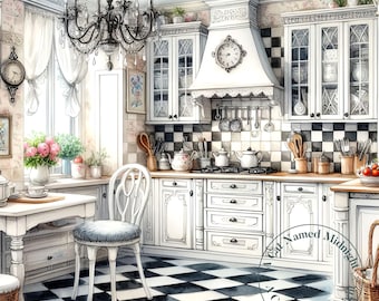 May include: A white kitchen with black and white checkered tile floors. The kitchen features white cabinets with ornate details, a white range hood with a clock, and a black chandelier with crystal accents. The kitchen also has a white table with two chairs and a window with white curtains.